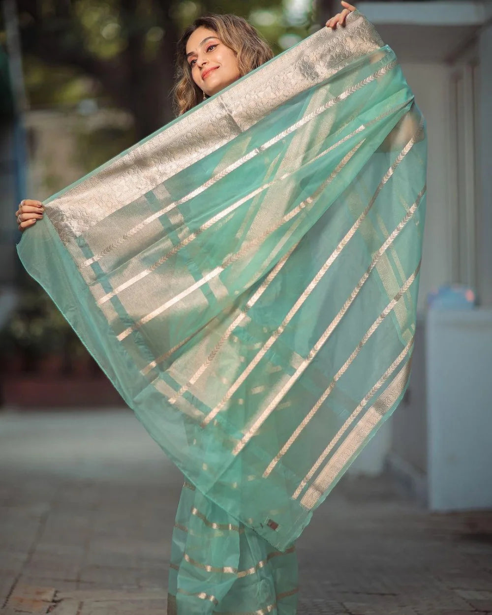 Premium Organza Fabric - 6.25 Meters - Teal Color