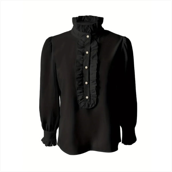 Fashionable Stand-up Collar Long-sleeved Shirt With Lotus Leaf Hem