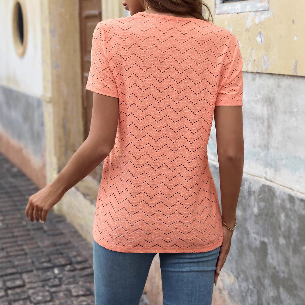 European And American Women's Clothing Casual Round Neck Pleated Single-breasted Short Sleeve