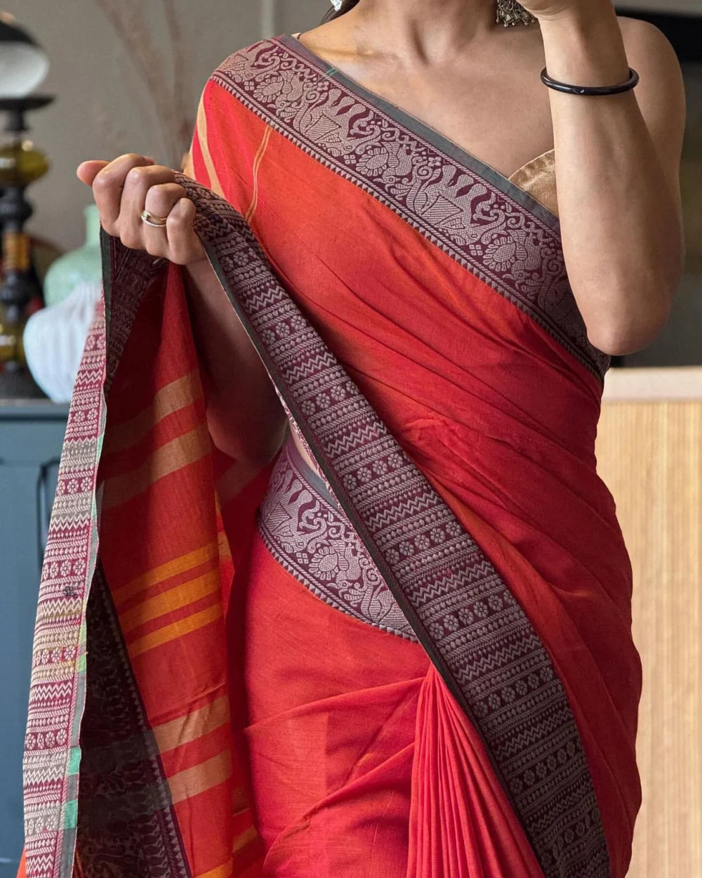 Red Cotton Saree with Golden Elephant & Floral Zari Border – 6.10 Meters