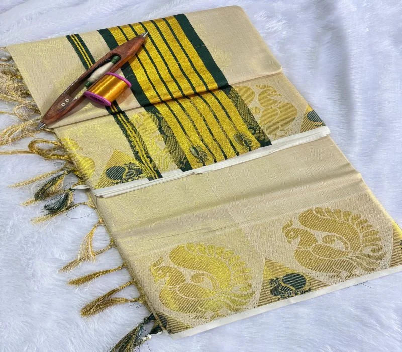 Peacock Motif Golden Tissue Set Saree – Premium Kerala Traditional Wear | Velocentra Hub UK