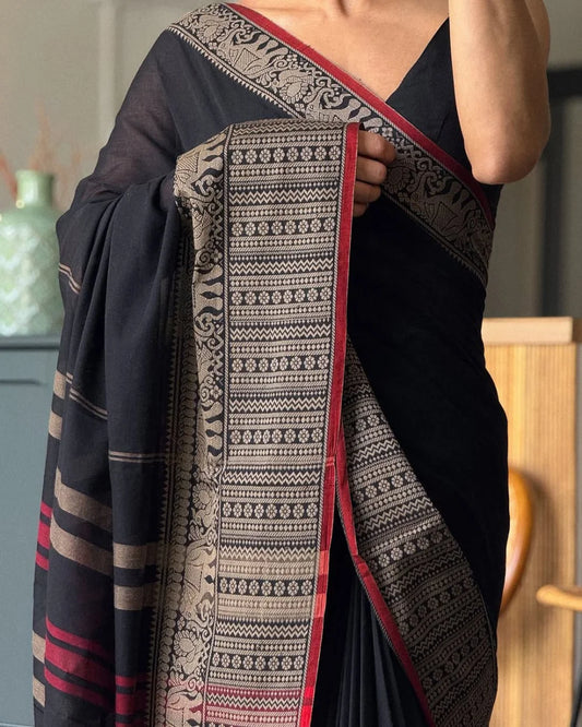 Black Cotton Saree with Red & Gold Zari Border – 6.10 Meters