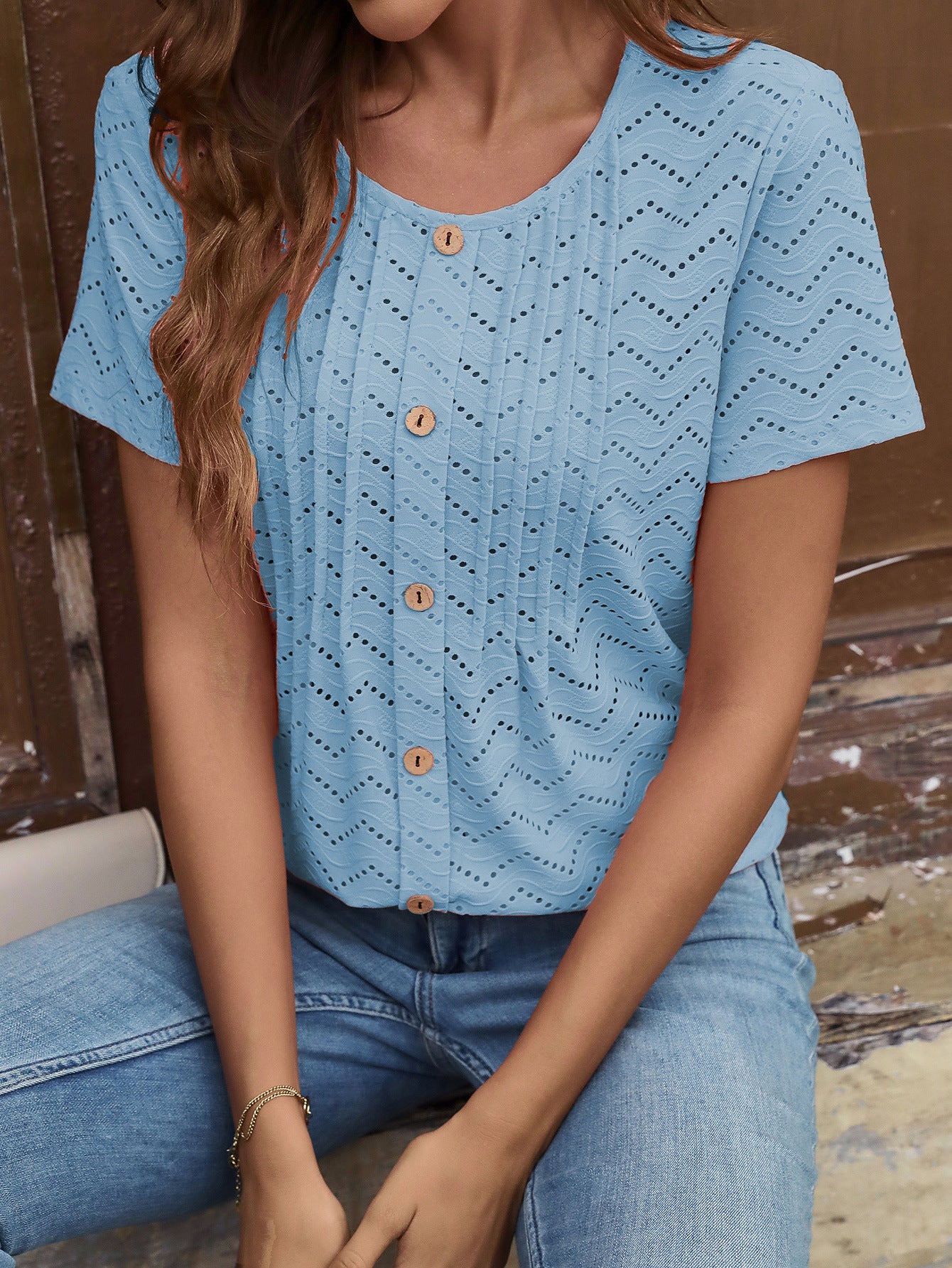 European And American Women's Clothing Casual Round Neck Pleated Single-breasted Short Sleeve