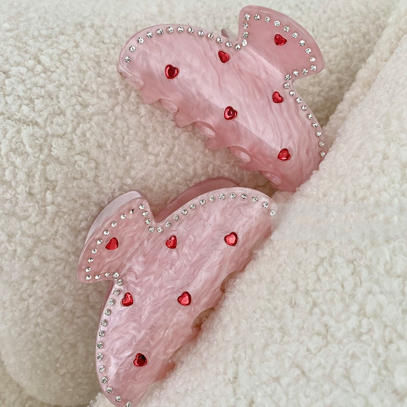 Exquisite Rhinestone Love Pink Grip Japanese And Korean Ins Sweet Girly Exquisite Back Head Shark Clip New Female