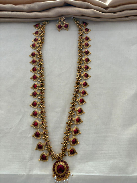 Long Palakka Necklace – Traditional Matte Gold Finish with Red, Blue, and Green Stones