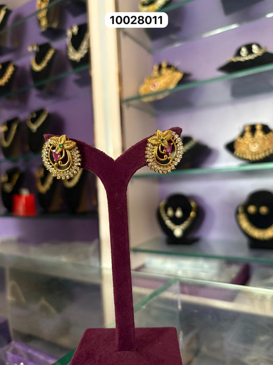 Elegant Round Matte Gold Earrings with CZ Stones and Floral Top – Traditional Design