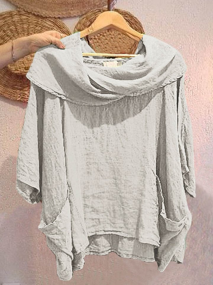 Women's Draped Neckline Three-quarter Sleeve Linen Pocket Top