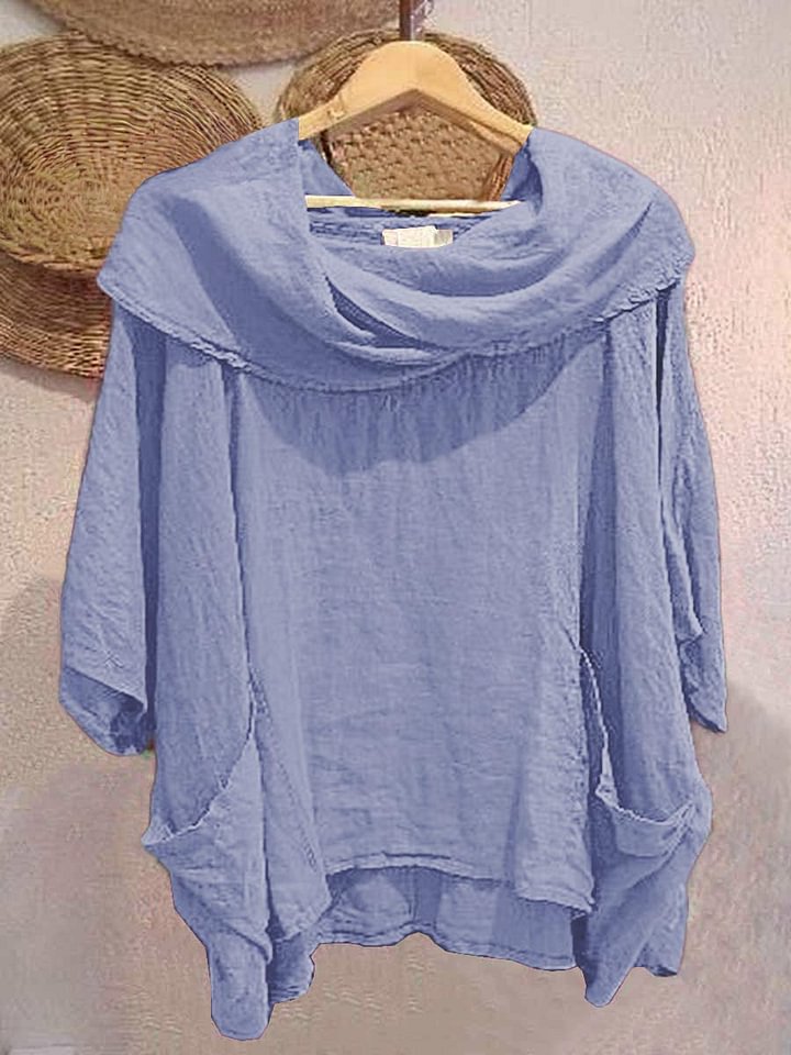 Women's Draped Neckline Three-quarter Sleeve Linen Pocket Top
