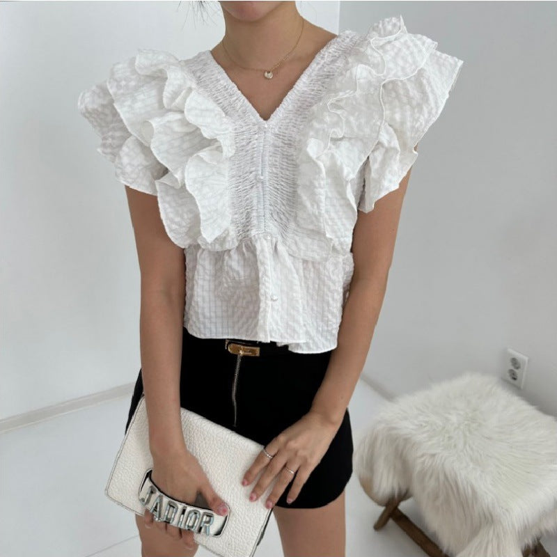 V-neck Ruffled Sleeve Shirt For Women