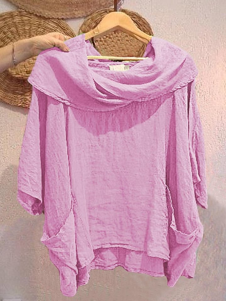 Women's Draped Neckline Three-quarter Sleeve Linen Pocket Top