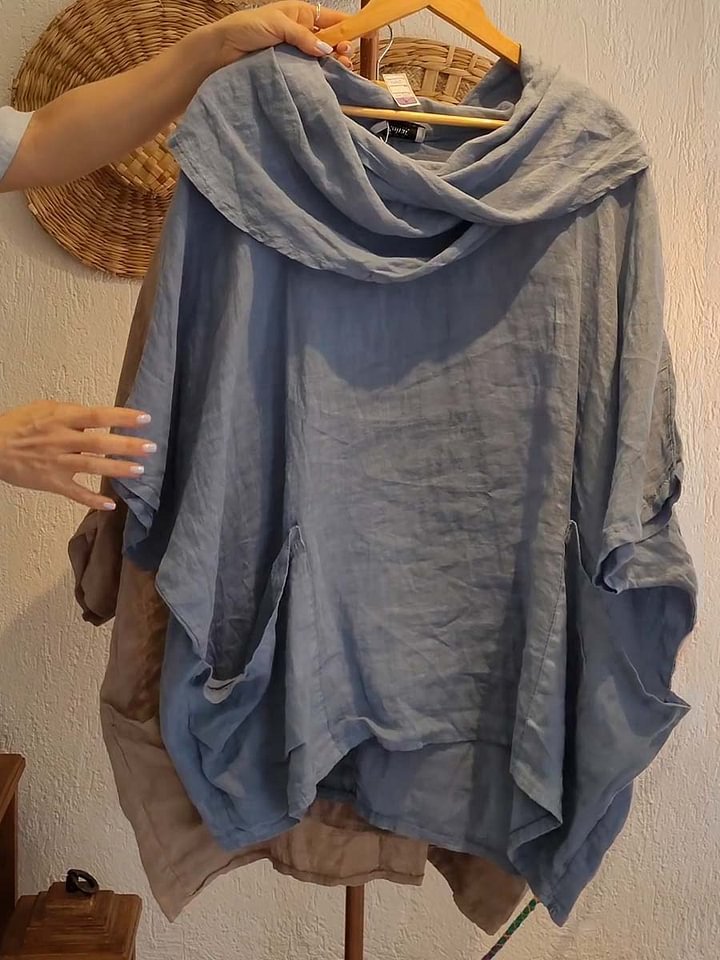Women's Draped Neckline Three-quarter Sleeve Linen Pocket Top