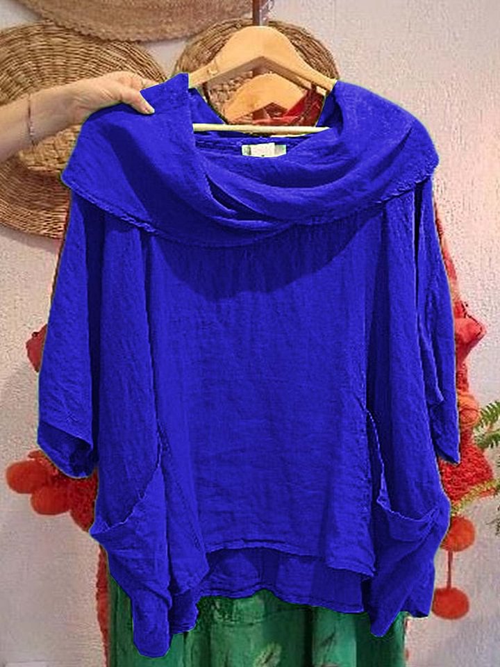 Women's Draped Neckline Three-quarter Sleeve Linen Pocket Top