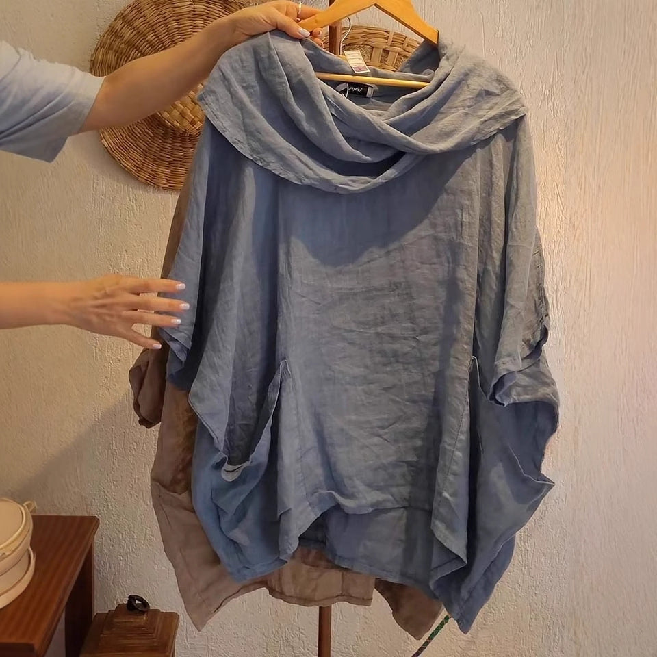 Women's Draped Neckline Three-quarter Sleeve Linen Pocket Top