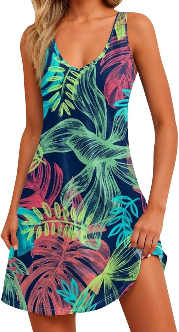 Casual Digital Printed V-neck Dress Vest Pockets Beach Dress