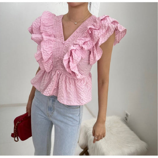 V-neck Ruffled Sleeve Shirt For Women