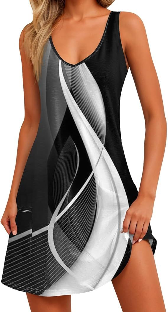 Casual Digital Printed V-neck Dress Vest Pockets Beach Dress