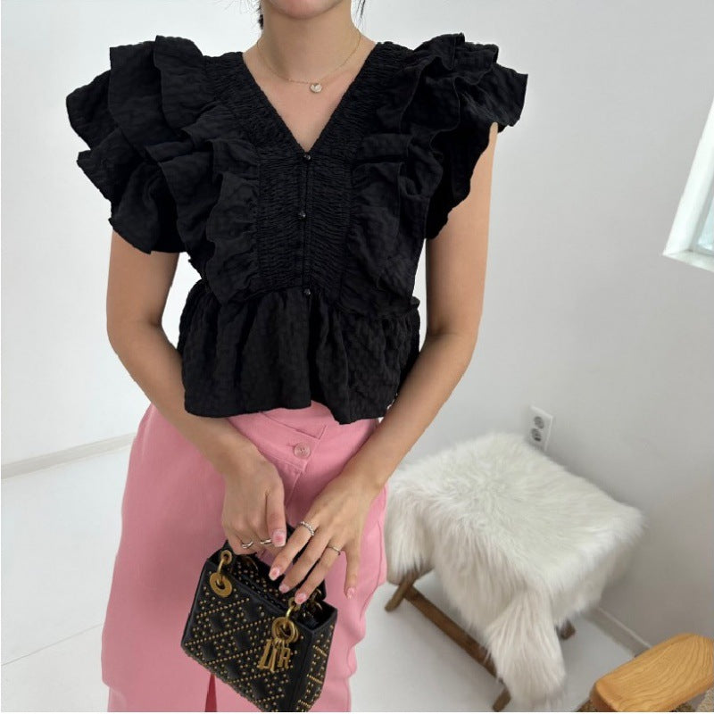 V-neck Ruffled Sleeve Shirt For Women