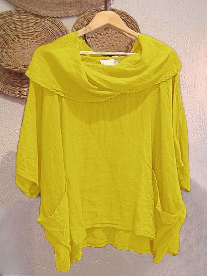 Women's Draped Neckline Three-quarter Sleeve Linen Pocket Top