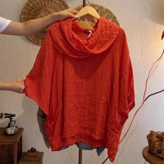 Women's Draped Neckline Three-quarter Sleeve Linen Pocket Top