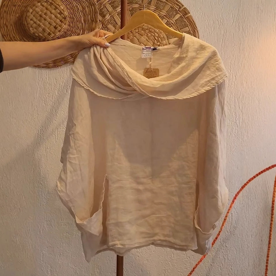 Women's Draped Neckline Three-quarter Sleeve Linen Pocket Top
