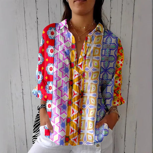 Women's Creative Fashion 3D Printing Lapel Casual Shirt