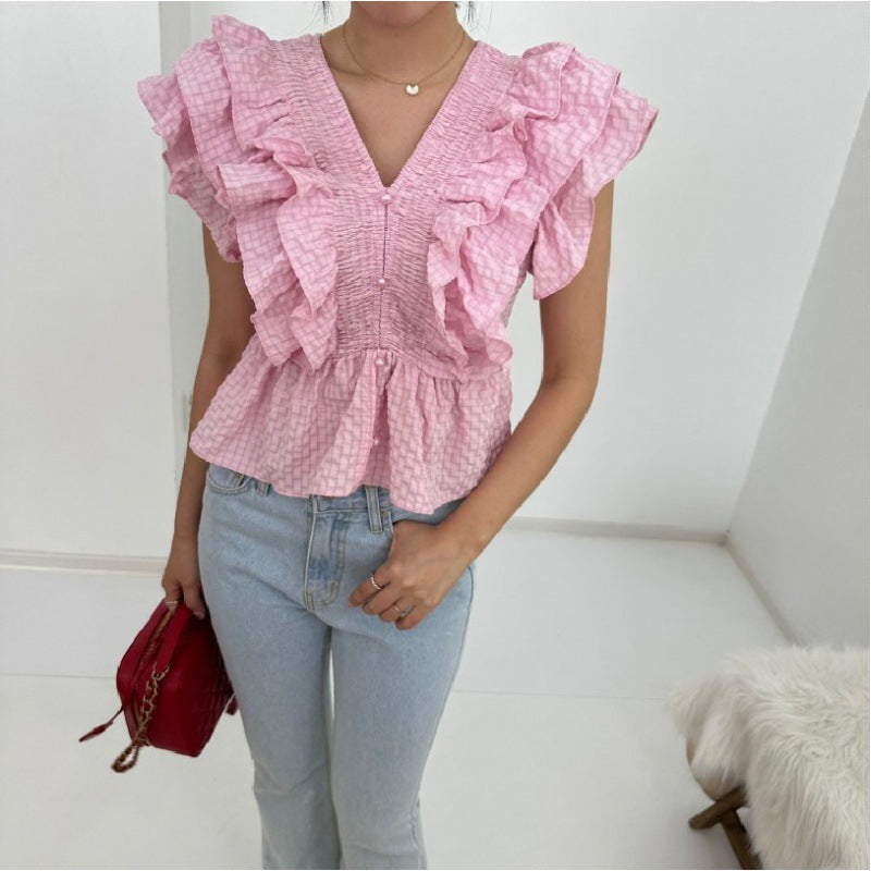 V-neck Ruffled Sleeve Shirt For Women