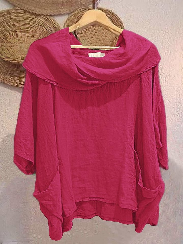 Women's Draped Neckline Three-quarter Sleeve Linen Pocket Top