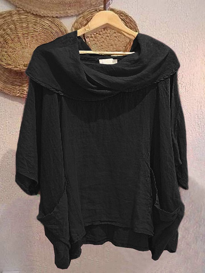 Women's Draped Neckline Three-quarter Sleeve Linen Pocket Top