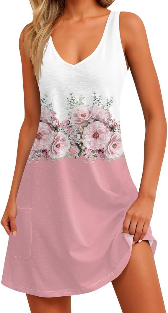 Casual Digital Printed V-neck Dress Vest Pockets Beach Dress