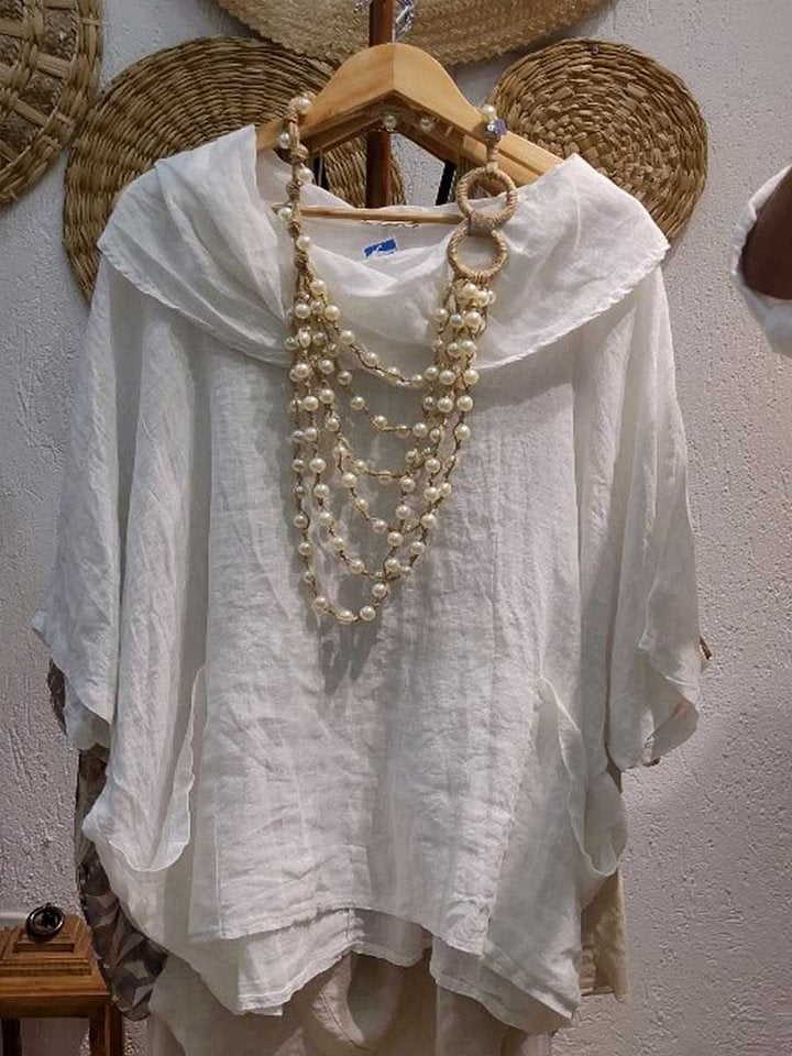 Women's Draped Neckline Three-quarter Sleeve Linen Pocket Top
