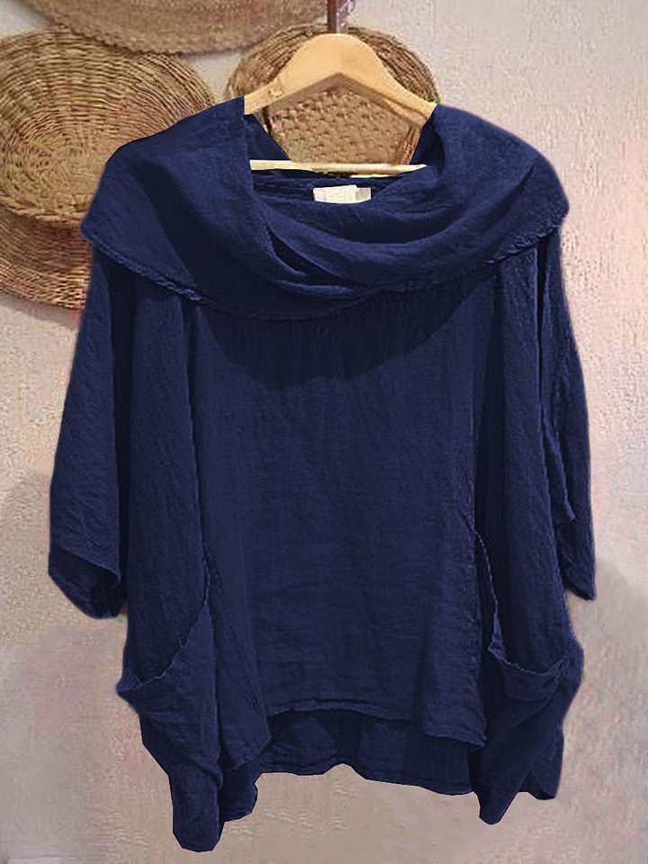 Women's Draped Neckline Three-quarter Sleeve Linen Pocket Top