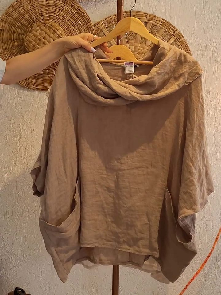 Women's Draped Neckline Three-quarter Sleeve Linen Pocket Top