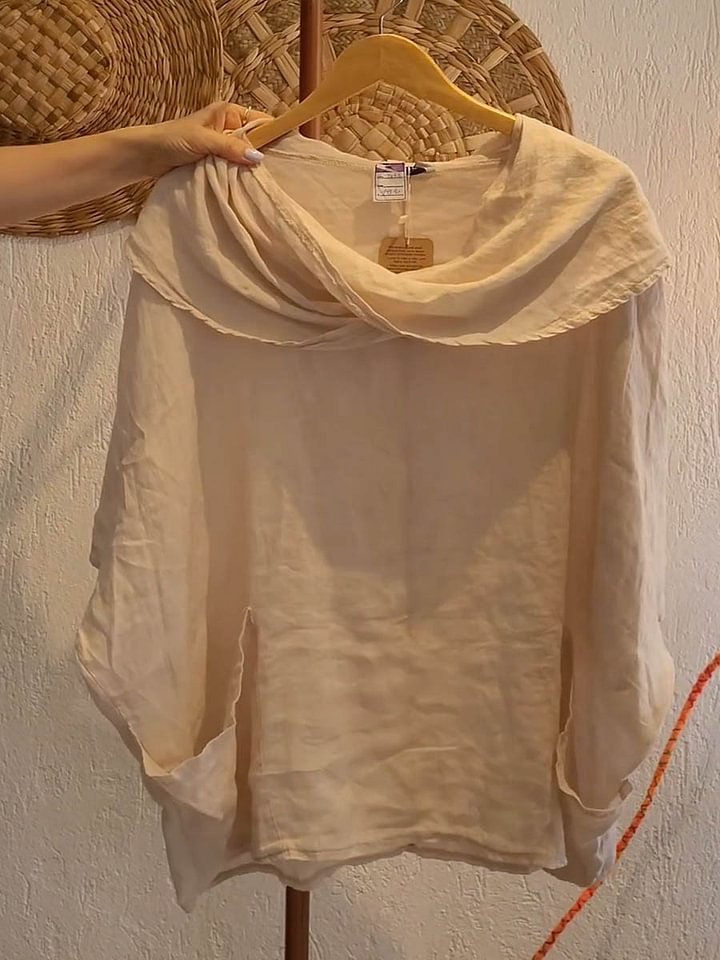 Women's Draped Neckline Three-quarter Sleeve Linen Pocket Top