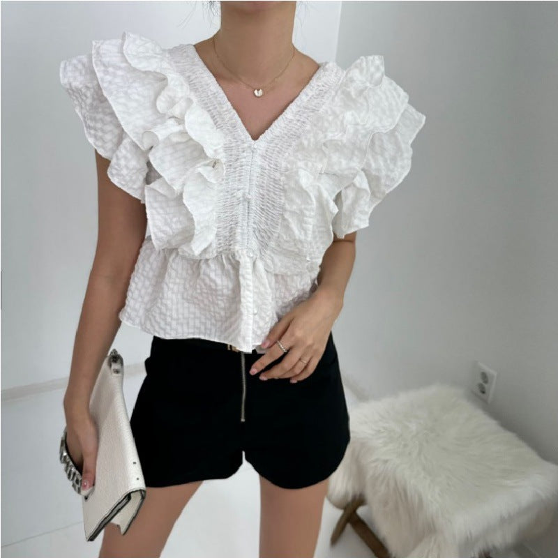 V-neck Ruffled Sleeve Shirt For Women