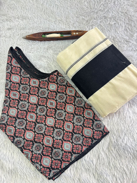 Black Kara Set Mundu with Ready-Made Ajrakh Blouse – Timeless Tradition, Effortless Elegance