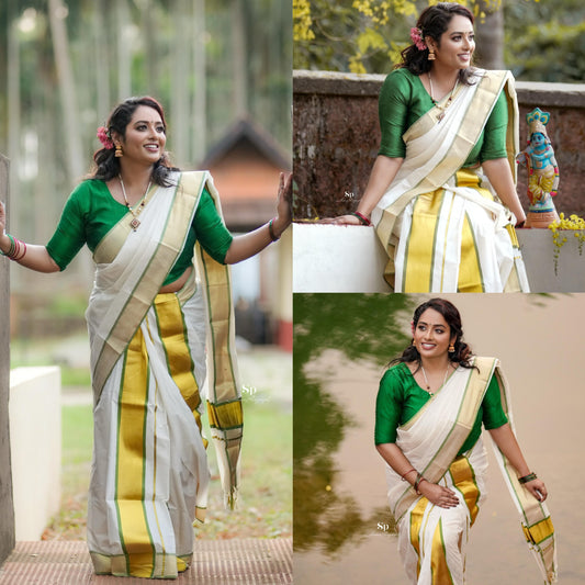 Mampoo Olive Green Cotton Set Mundu – 2.80 meters