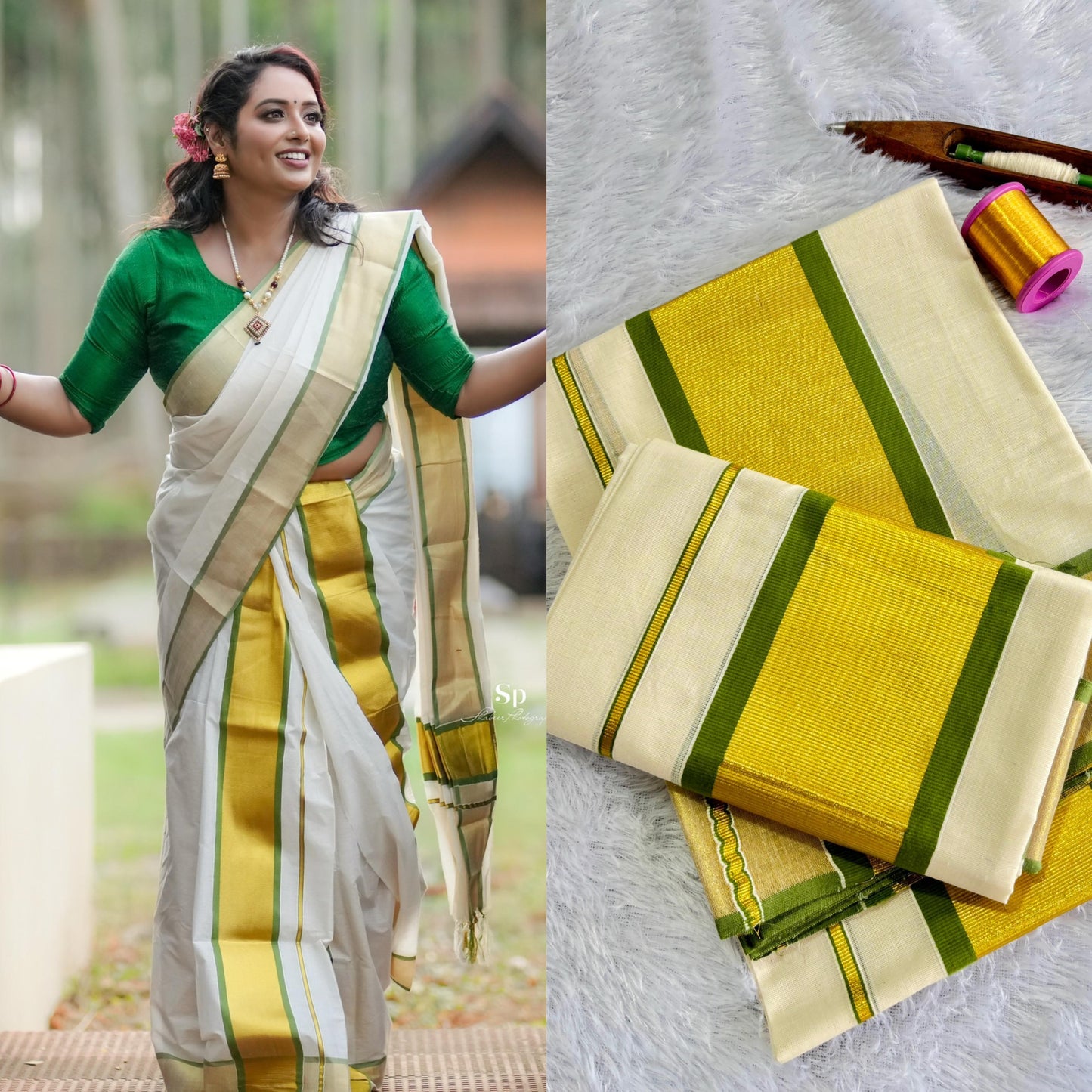 Mampoo Olive Green Cotton Set Mundu – 2.80 meters
