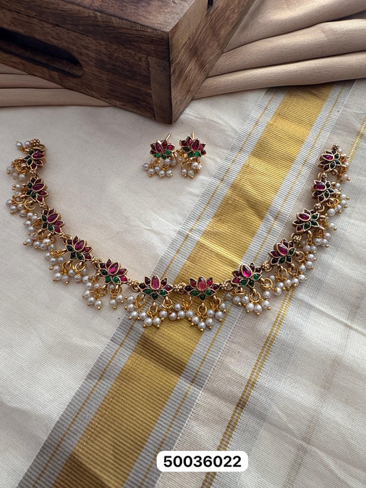 Cute Matte Gold Lotus Necklace Set – Ethnic Indian Jewellery | UK Seller