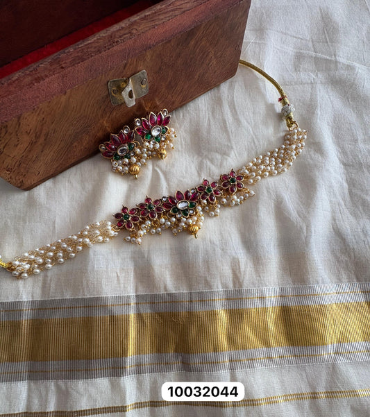 Pearl Choker Necklace with Lotus Design – Matte Gold Finish | Velocentra Hub