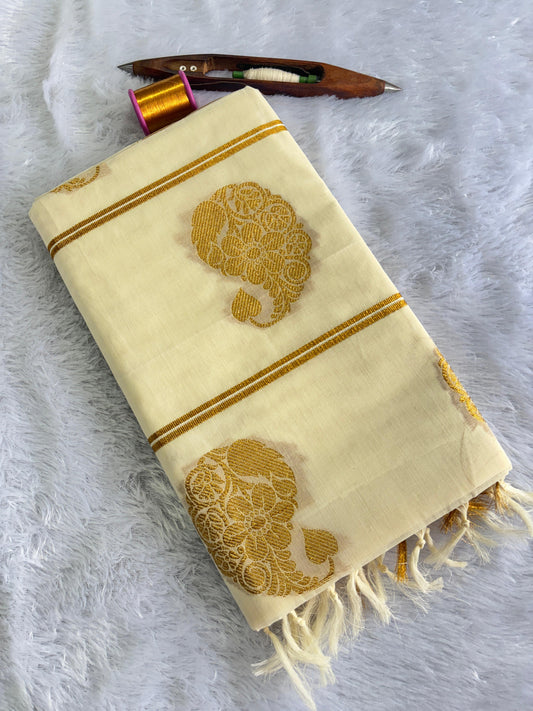 Handloom Replica Cotton Saree – 3 Line Mango Butta Weave with Tussels | Velocentra Hub