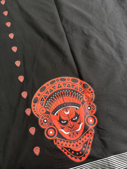 Black Theyyam & Kathakali Print Premium Cotton Dhothi – 4.00 mtrs