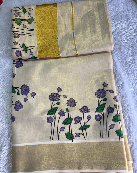 Lotus Motif Premium Golden Tissue Saree – 6.25 mtrs | Velocentra Hub