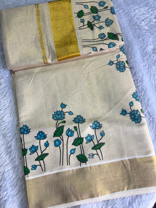 Lotus Motif Premium Golden Tissue Saree – 6.25 mtrs | Velocentra Hub