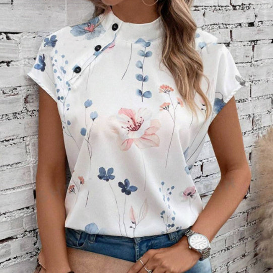 Women's Casual Stand Collar Short-sleeved Digital Printed Top T-shirt