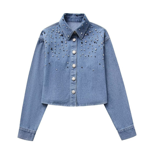 Long Sleeve Rhinestone Short Denim Shirt
