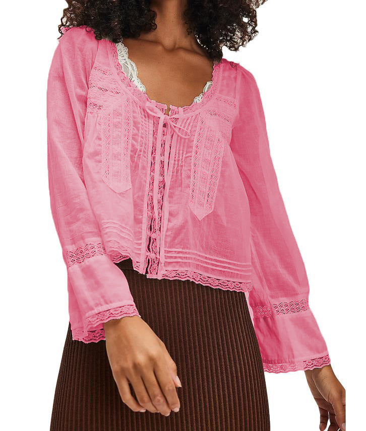 Lace U-shaped Lace Collar Long Sleeve Light Shirt