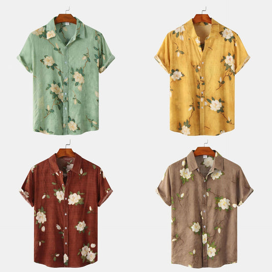 Men's Loose Printed Cotton And Linen Short-sleeved Shirt