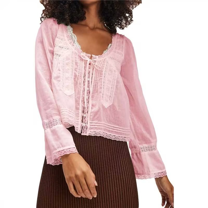 Lace U-shaped Lace Collar Long Sleeve Light Shirt