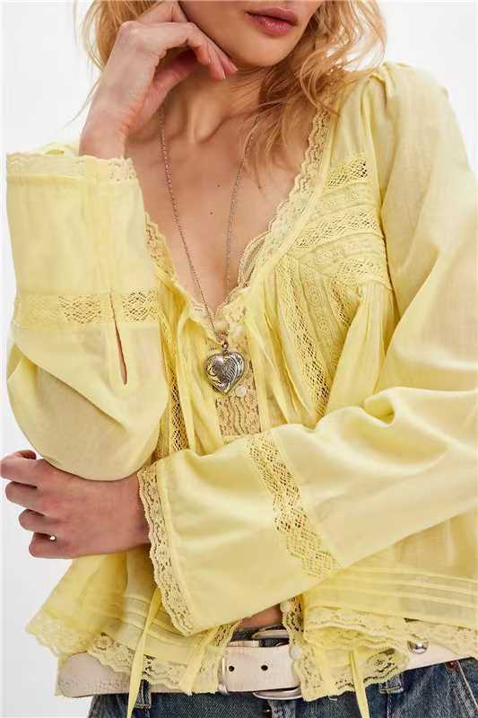 Lace U-shaped Lace Collar Long Sleeve Light Shirt