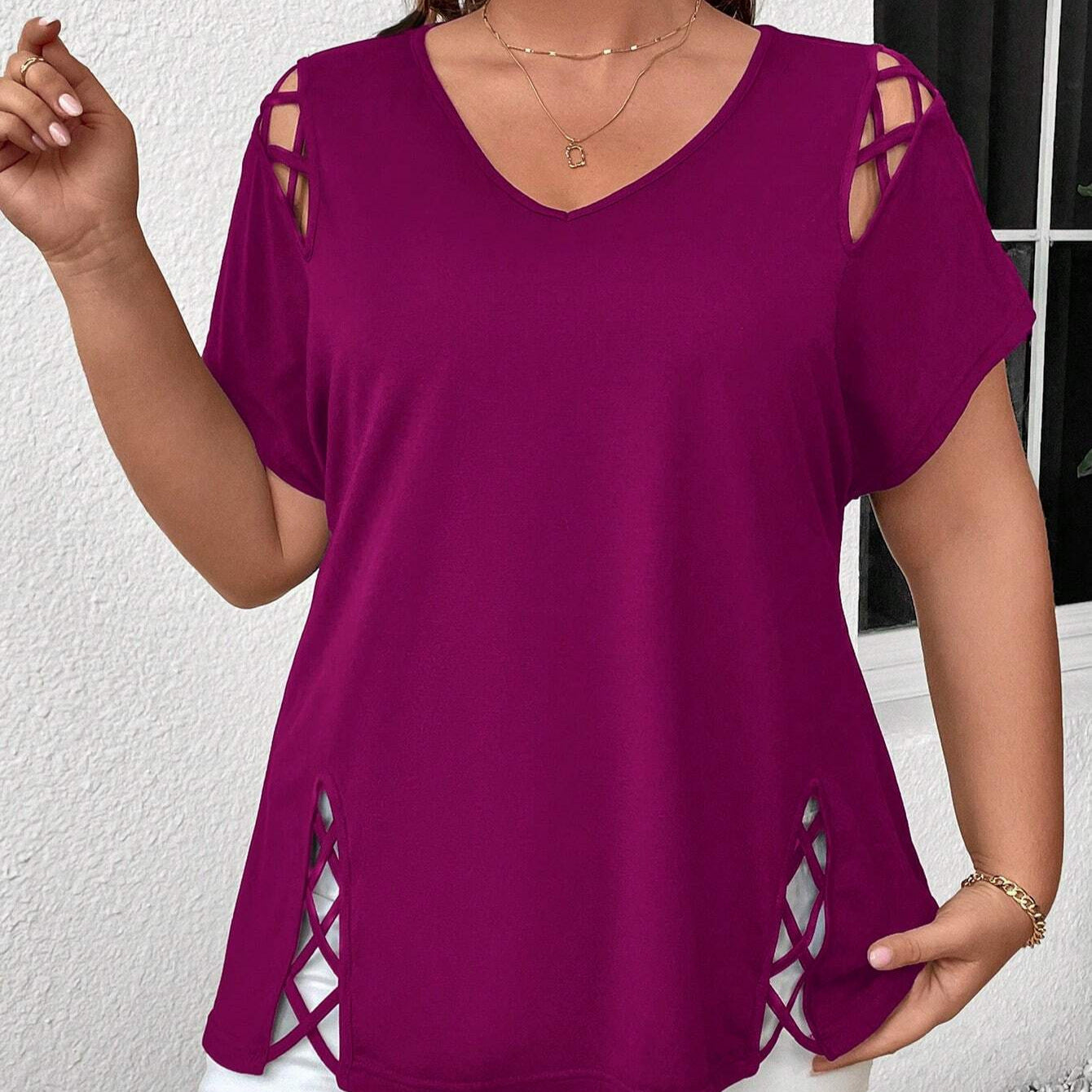 Women's European And American V-neck Cross-strap Short-sleeved T-shirt